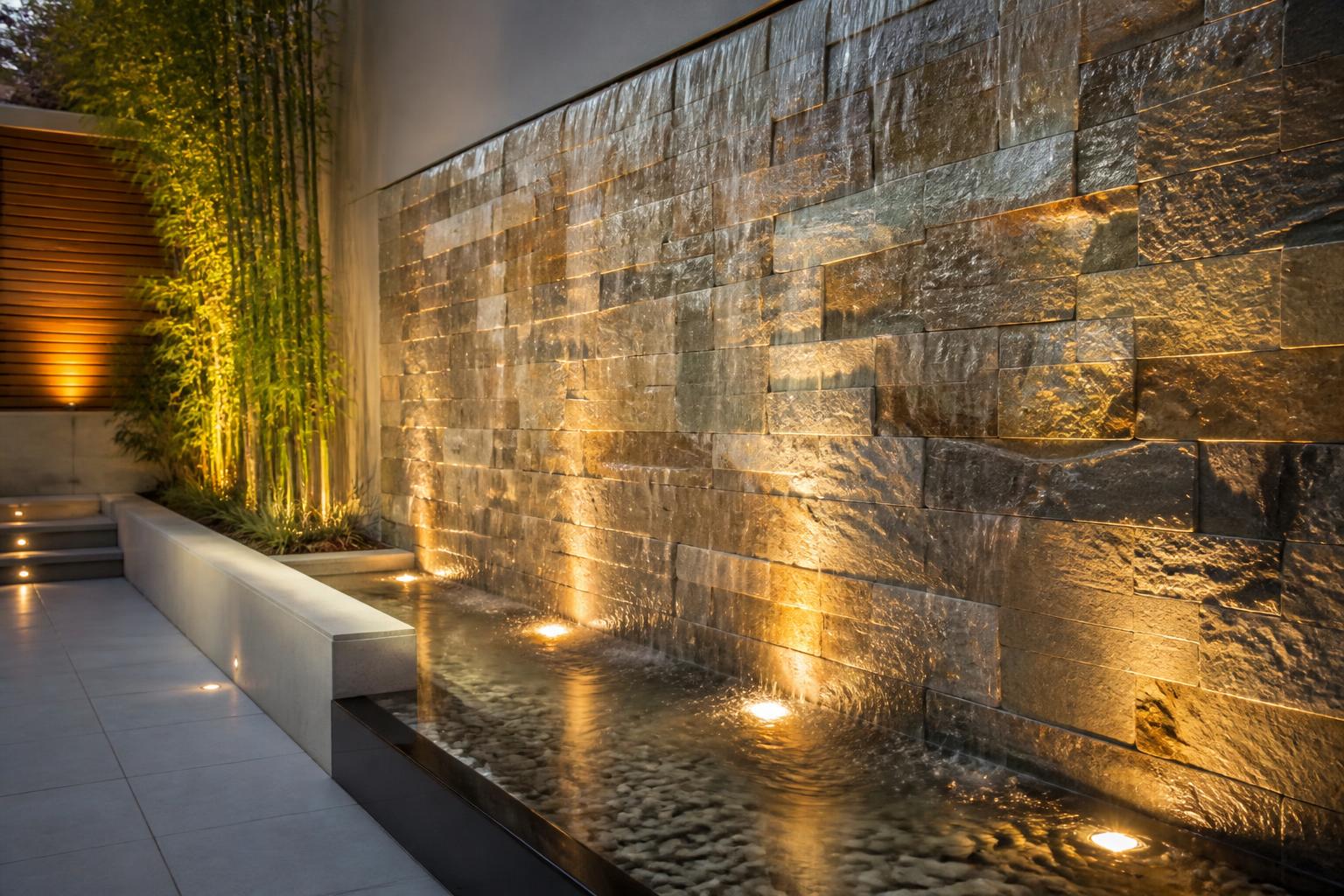 Contemporary stone water wall with warm evening lighting