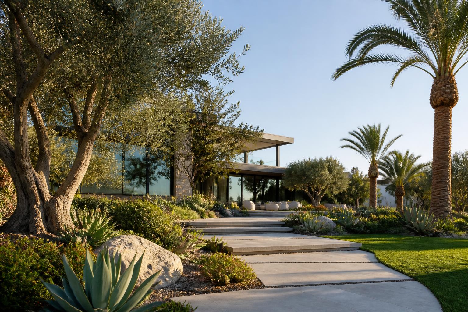 Modern California residential landscape with layered planting and stone pathway