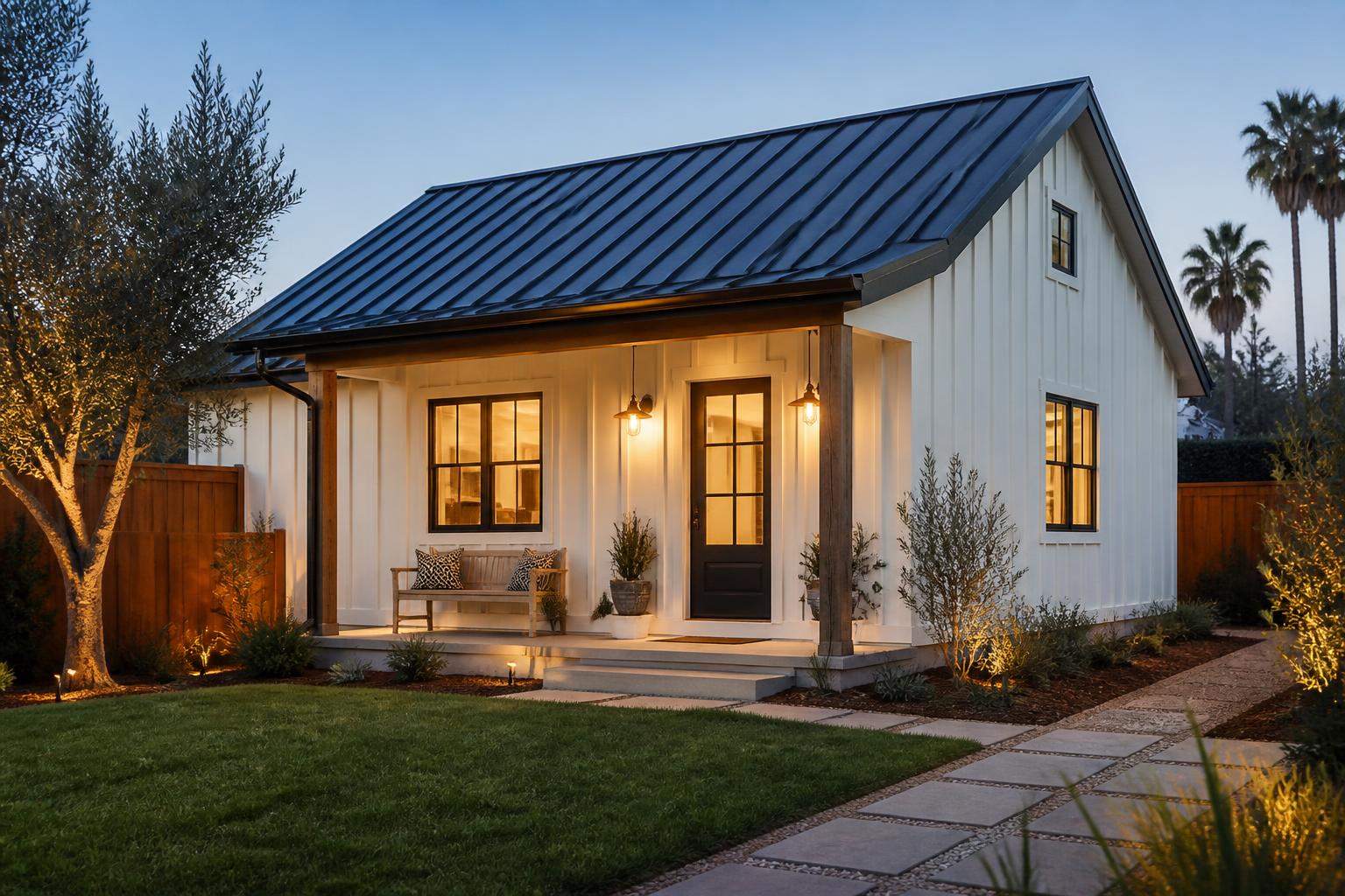 Modern farmhouse style ADU with covered porch and lawn at dusk