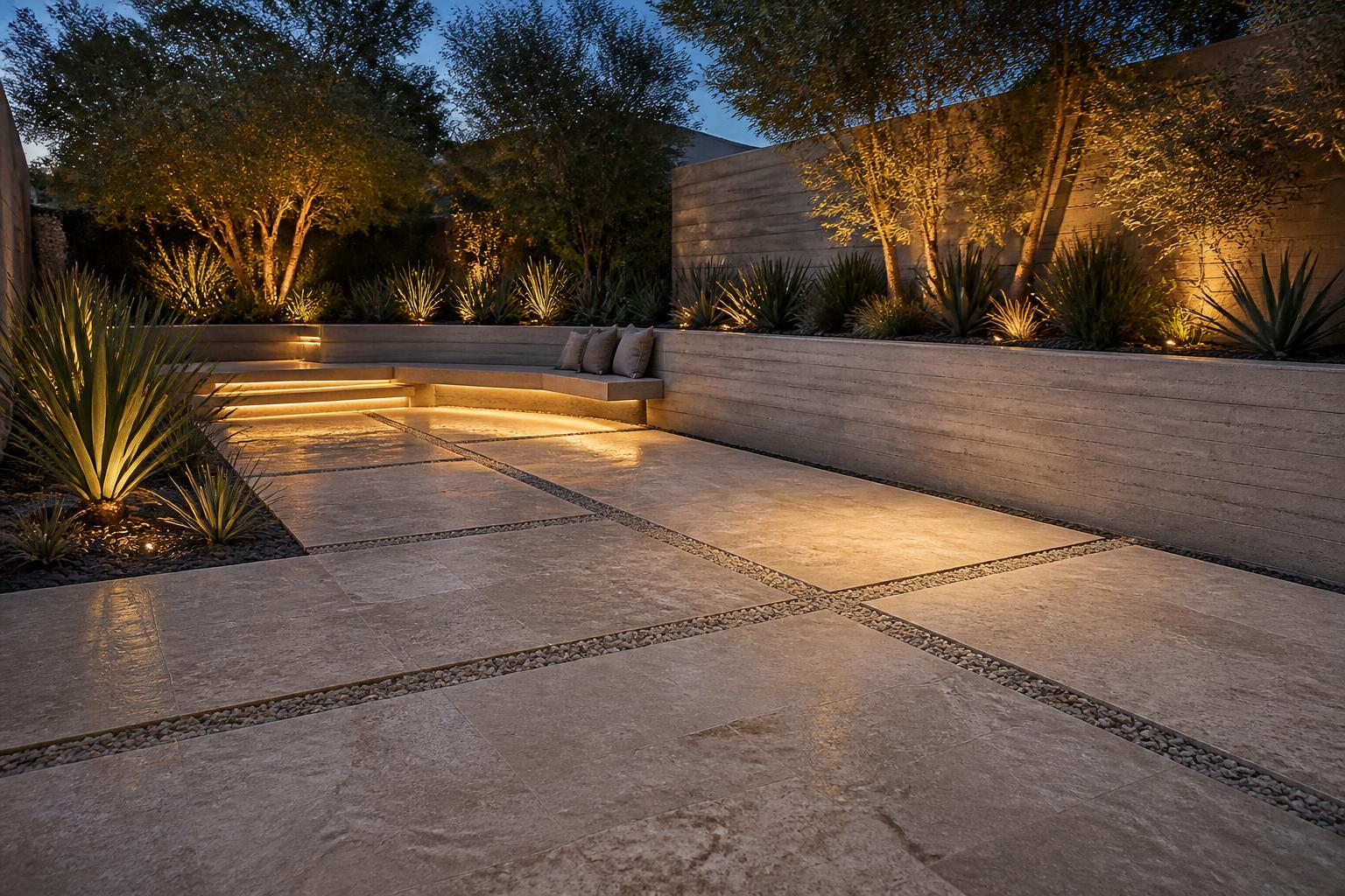 Large-format stone patio with gravel joints and landscape lighting
