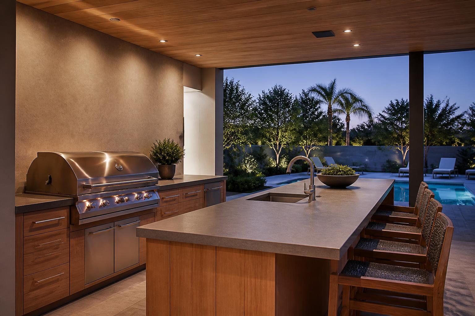 High-end outdoor kitchen with built-in BBQ under a covered patio