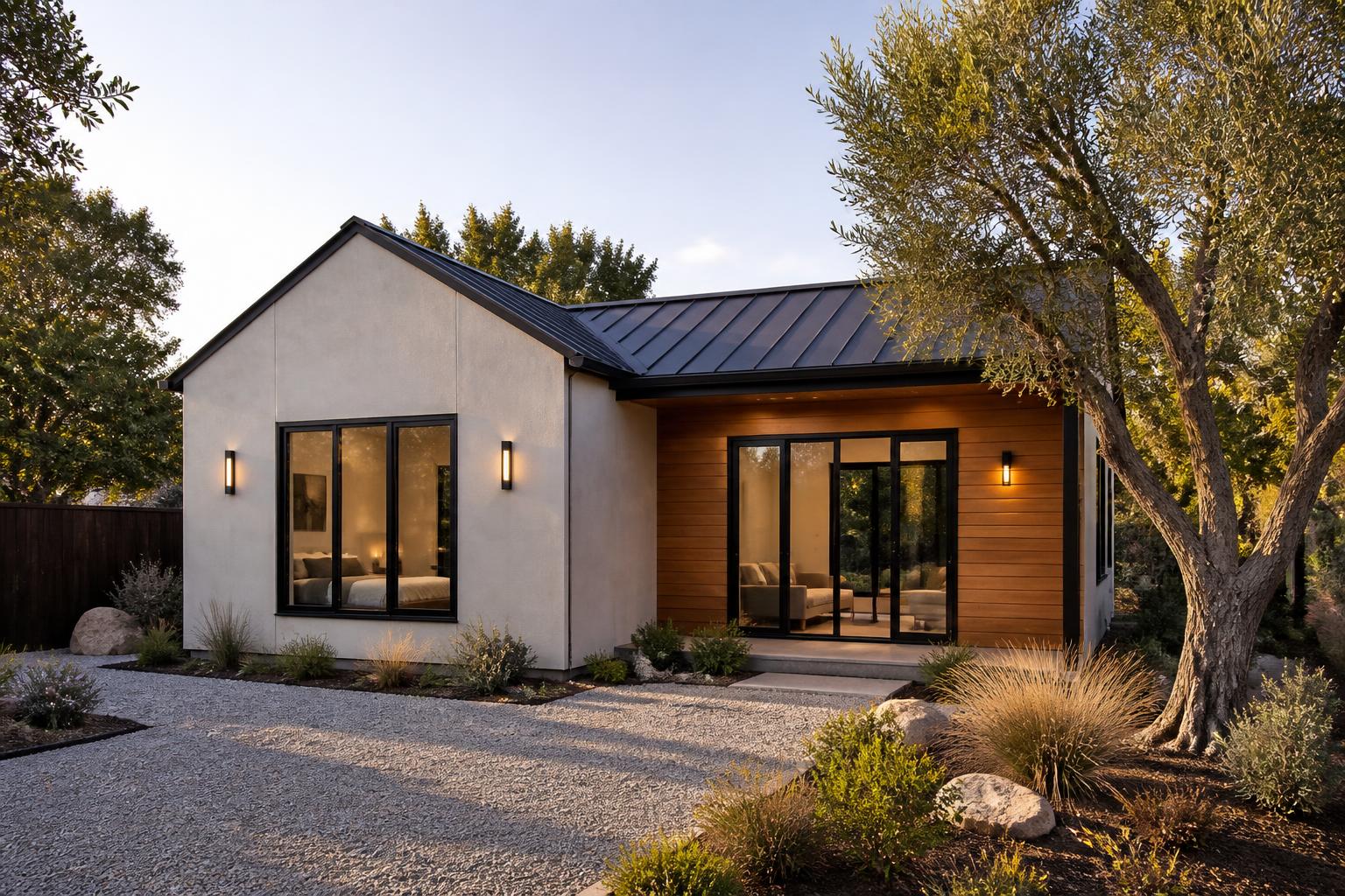 Modern detached California ADU with landscaped surroundings