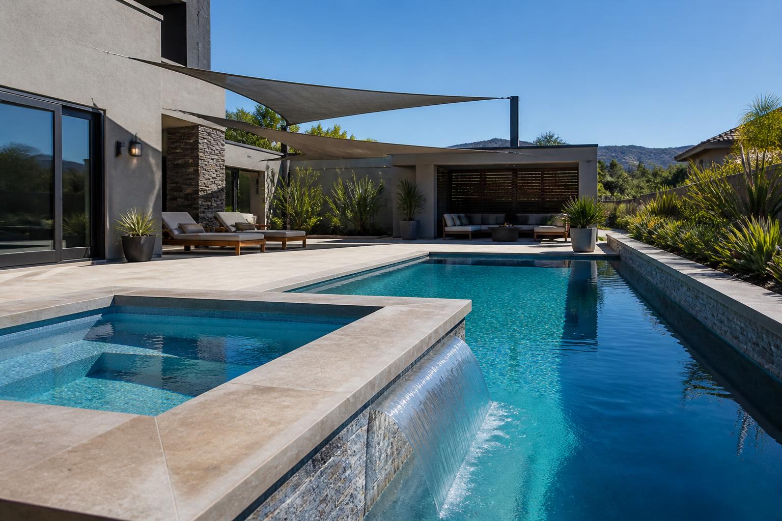Contemporary swimming pool with integrated spa and stone coping