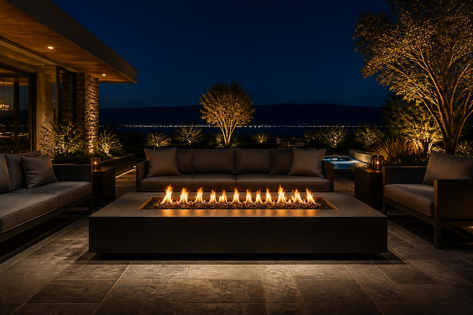 Modern linear fire pit with lounge seating at night