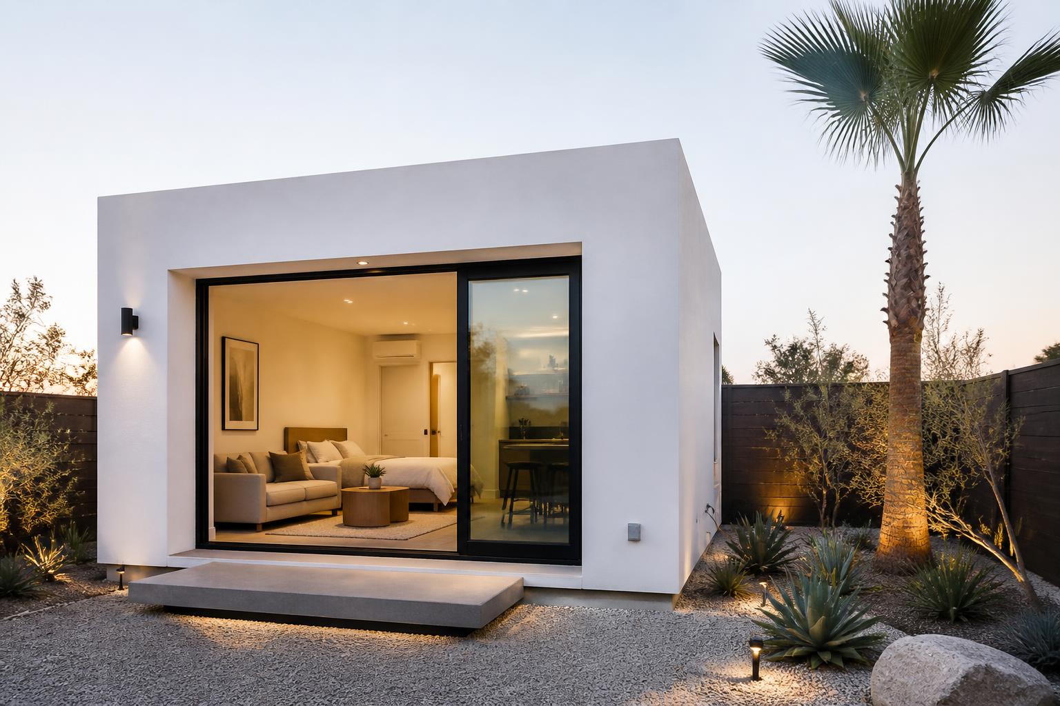 Minimalist white stucco studio ADU with sliding glass door and succulent landscaping