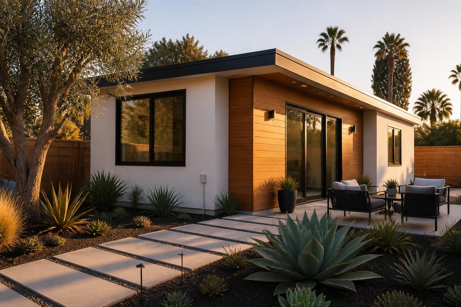 Modern California detached ADU at golden hour with drought-tolerant landscaping