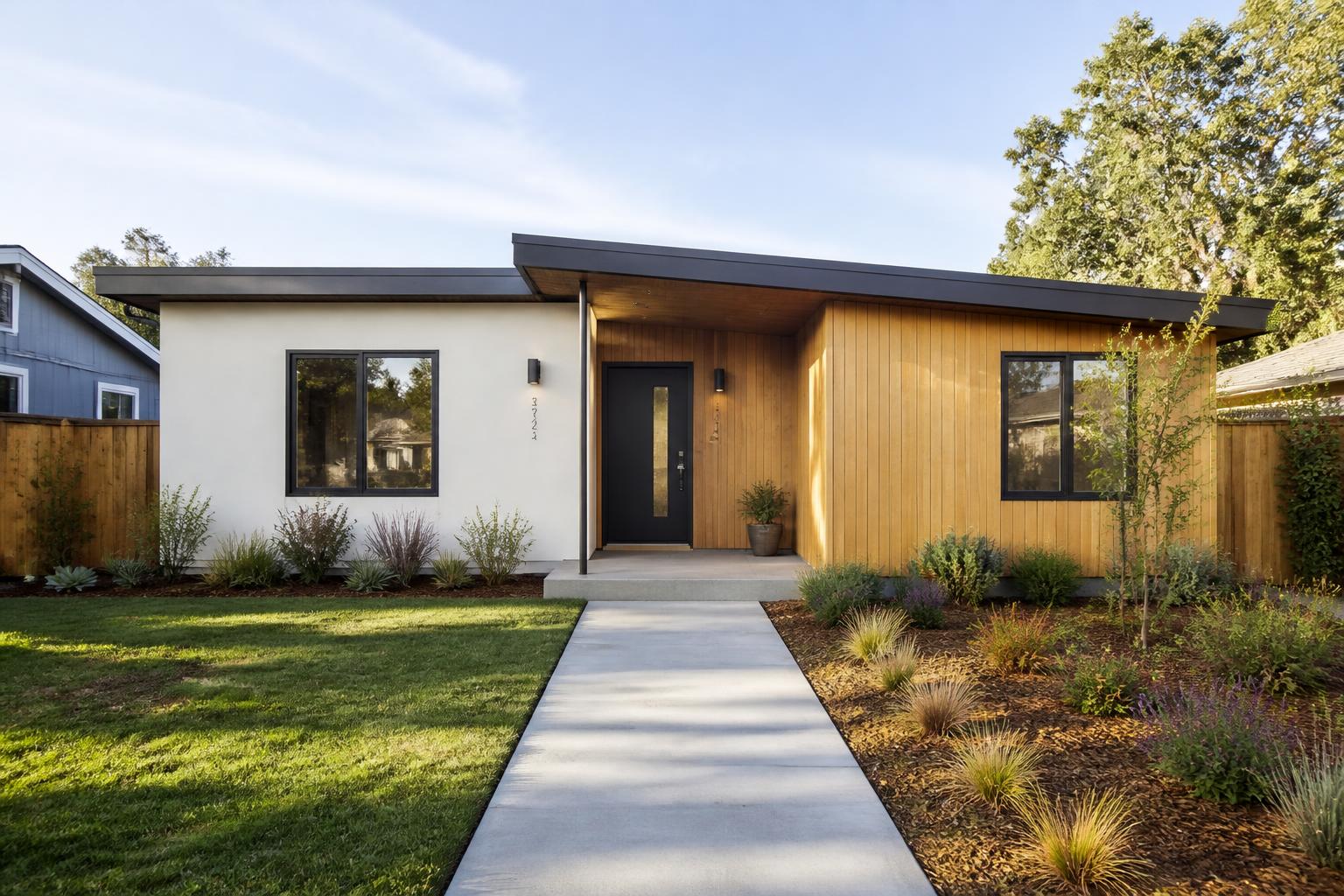 Two-bedroom California ADU with cedar siding, lawn and native planting
