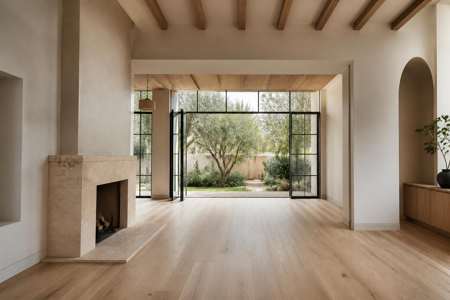Renovated California interior with oak floors and steel glass doors